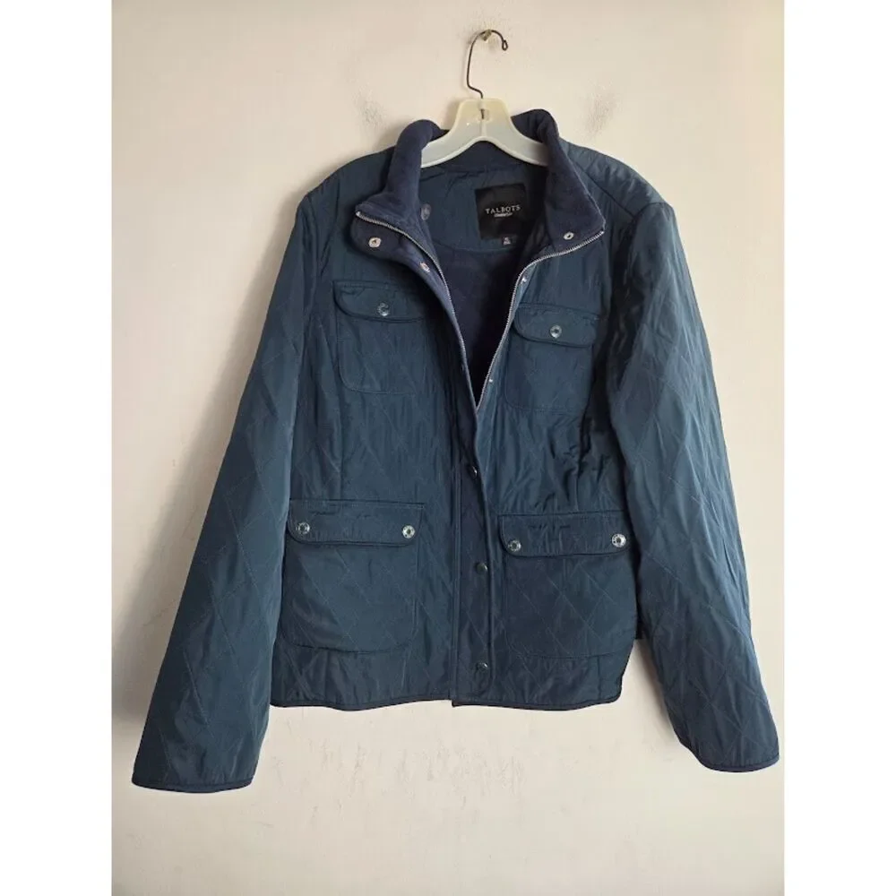 Talbots Blue Green Quilted Multi Pocket Full Zipper Snap Button Jacket size XL